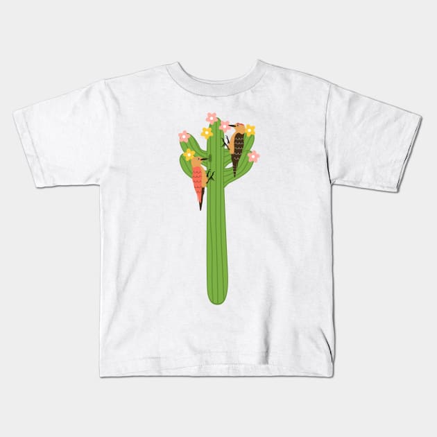 Saguaro Cactus and Gila woodpecker Kids T-Shirt by LulululuPainting